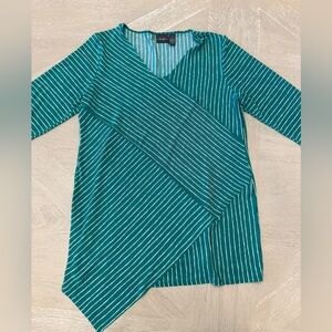 Striped Teal Green V-Neck Asymmetric Faux Wrap Tunic